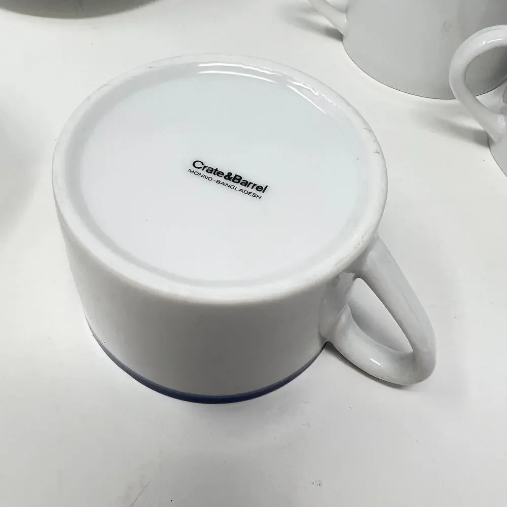 Crate and Barrel CBL16 Flat Cup Saucer Set of 8 Blue Rim White Porcelain Vintage